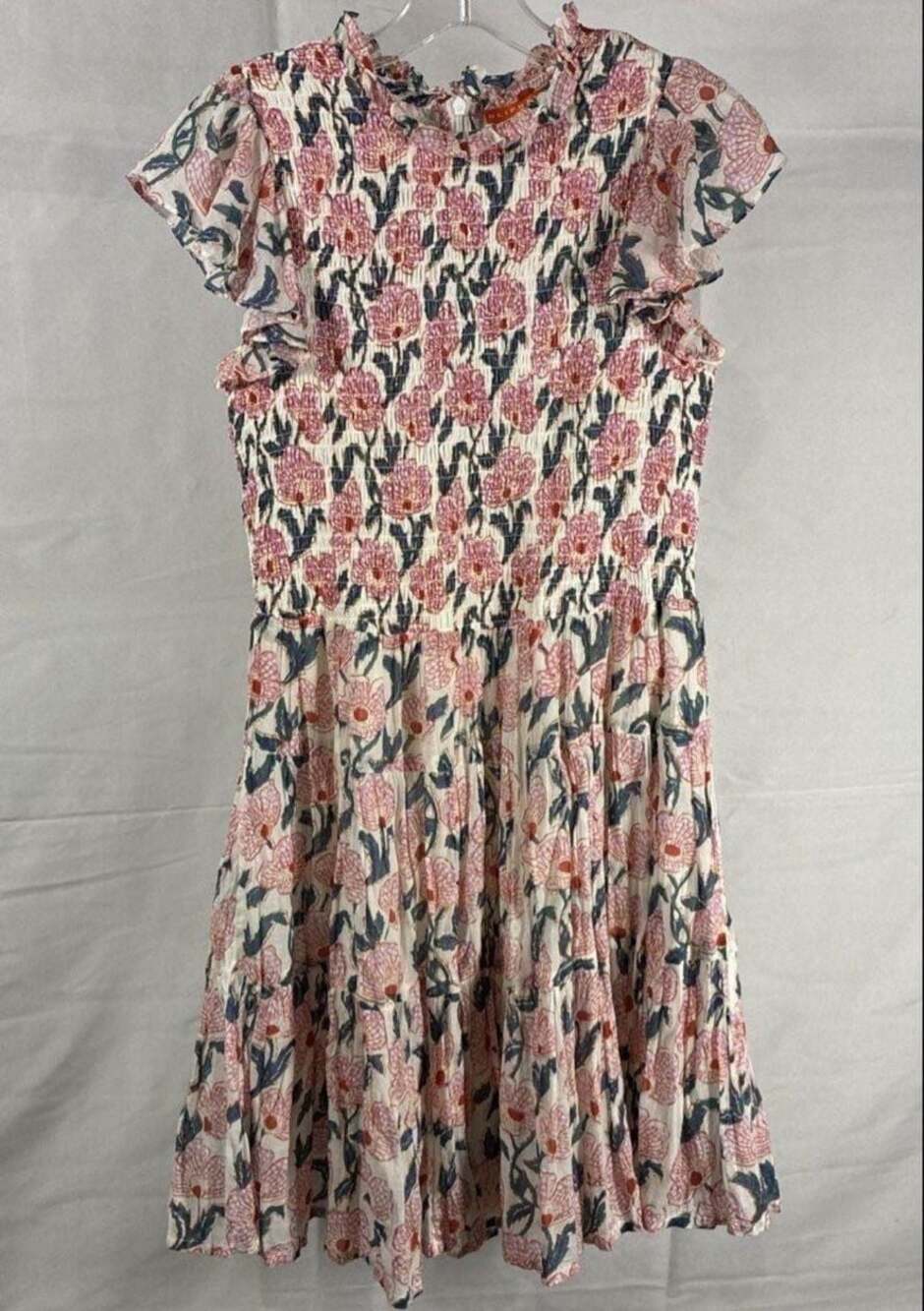 Oliphant Floral Print Smocked Flutter Sleeve Cotton Mini Dress